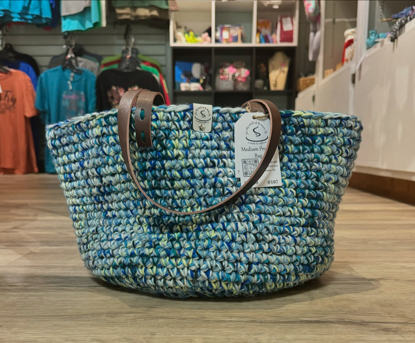 Medium Multicolored Crocheted Tote/Basket in Greens and Blues