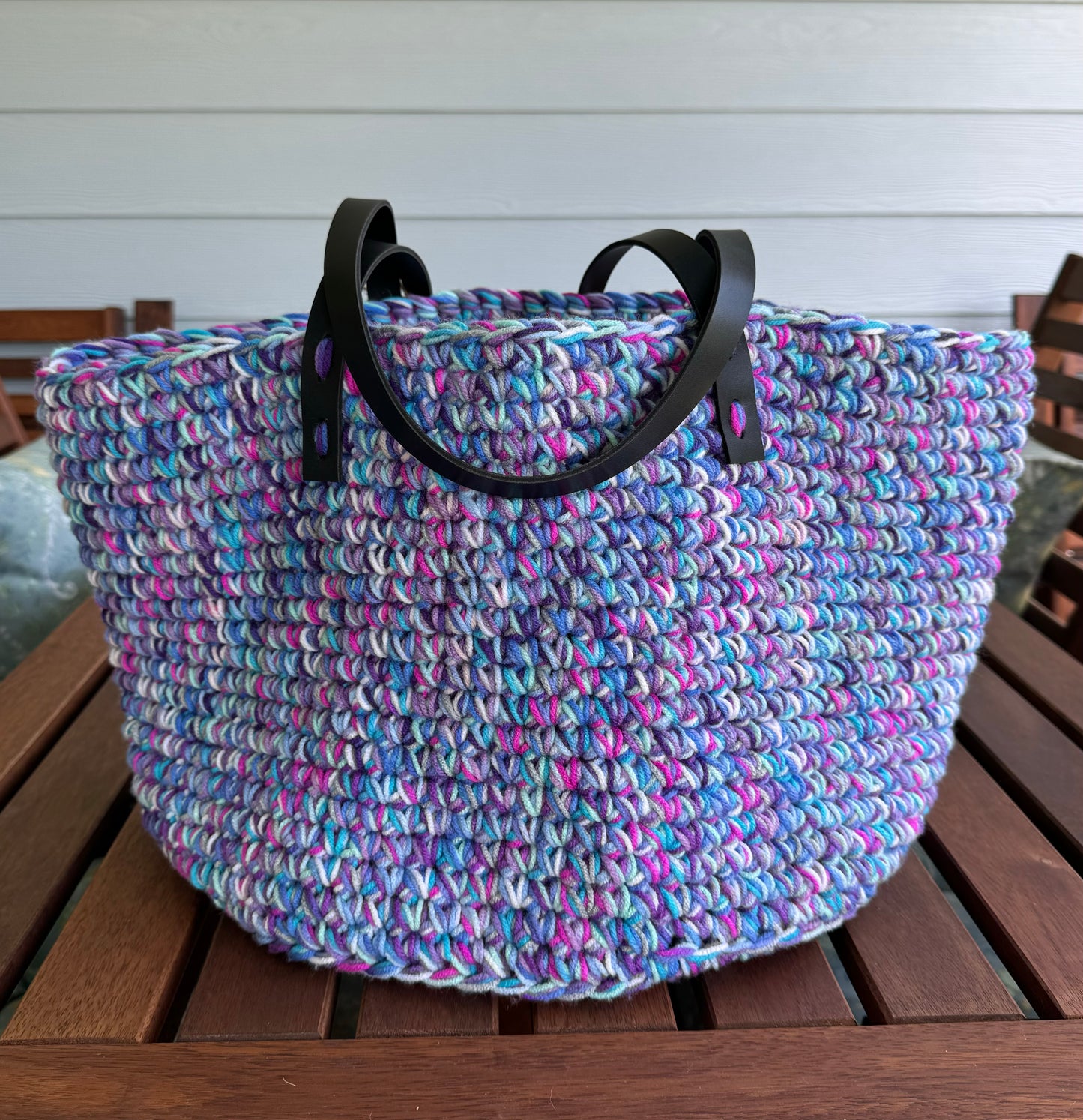 Multicolored Crocheted Tote/Basket in Blues and Purples