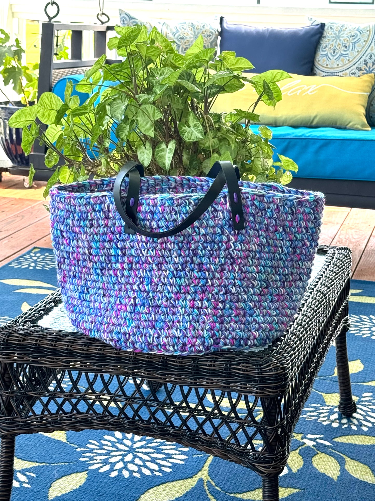 Multicolored Crocheted Tote/Basket in Blues and Purples